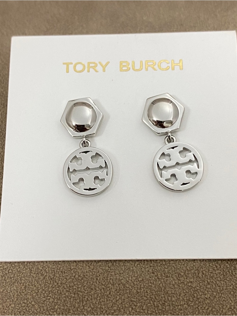 Tory Burch Silver-Tone Logo Drop Earrings